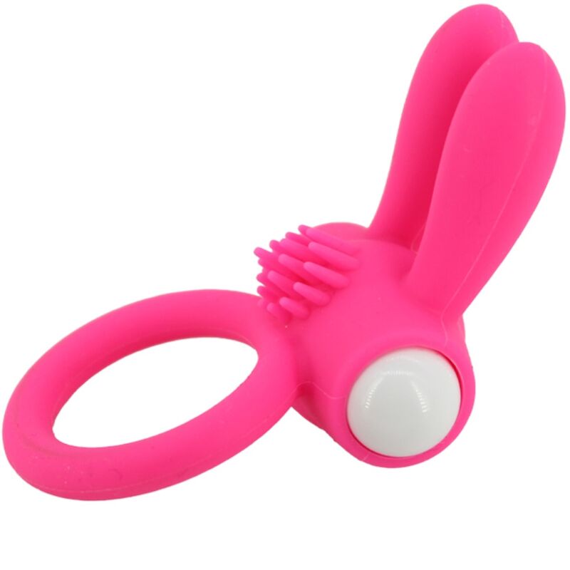 Close-up do ARMONY Anel Vibrador Mr Bunny Silicone Rosa, destacando o design ergonómico e material suave para prazer a dois.