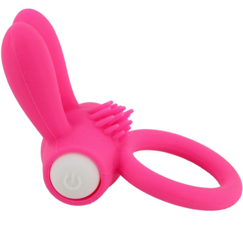 Close-up do ARMONY Anel Vibrador Mr Bunny Silicone Rosa, destacando o design ergonómico e material suave para prazer a dois.