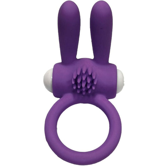 Close-up do ARMONY Mr Bunny Anel Vibrador em Silicone Roxo, destacando o design ergonómico e a textura do material.