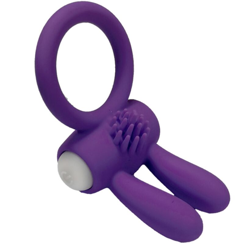 Close-up do ARMONY Mr Bunny Anel Vibrador em Silicone Roxo, destacando o design ergonómico e a textura do material.
