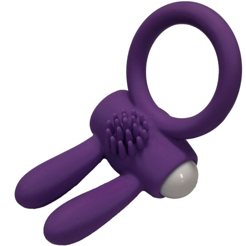 Close-up do ARMONY Mr Bunny Anel Vibrador em Silicone Roxo, destacando o design ergonómico e a textura do material.