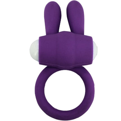 Close-up do ARMONY Mr Bunny Anel Vibrador em Silicone Roxo, destacando o design ergonómico e a textura do material.