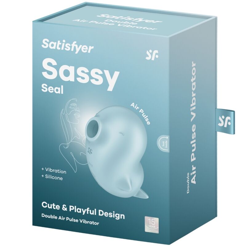 Satisfyer Sassy Seal Estimulador e Vibrador Azul, mostrando o design ergonómico e a ponta de estimulação.