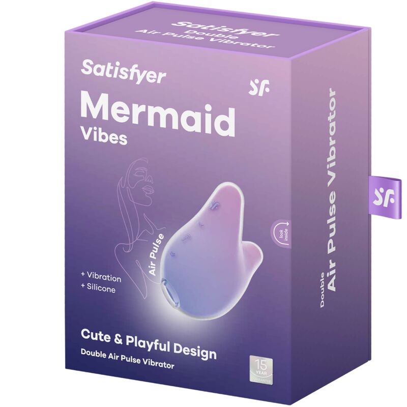 Close-up do vibrador Satisfyer Mermaid Vibes roxo e rosa, destacando o design em silicone e a ponta para estimulação clitoriana.