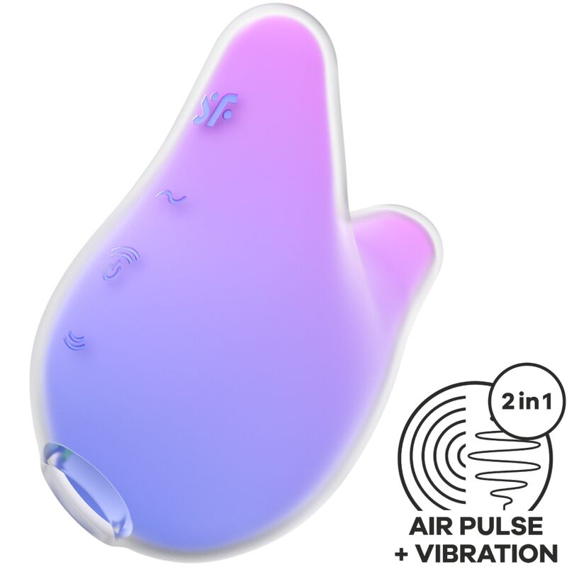 Close-up do vibrador Satisfyer Mermaid Vibes roxo e rosa, destacando o design em silicone e a ponta para estimulação clitoriana.