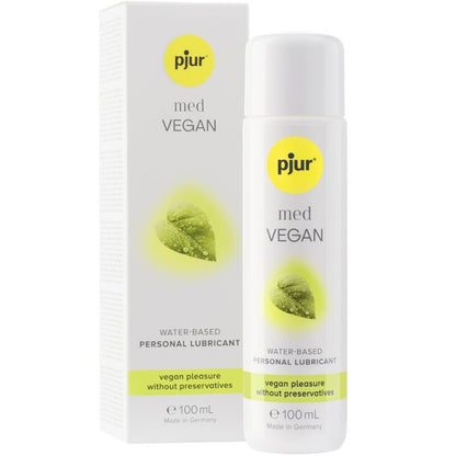 Frasco de PJUR Lubrificante Íntimo Med Vegan Glide à Base de Água 100ml, mostrando embalagem e detalhes do produto.