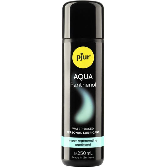 Embalagem do PJUR Lubrificante à Base de Água Aqua Pantenol 250ml, destacando os detalhes do produto e a sua formulação.