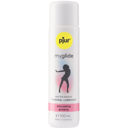 Frasco de PJUR Lubrificante Estimulante MyGlide com Efeito Calor 100 ML, mostrando o produto e sua embalagem.