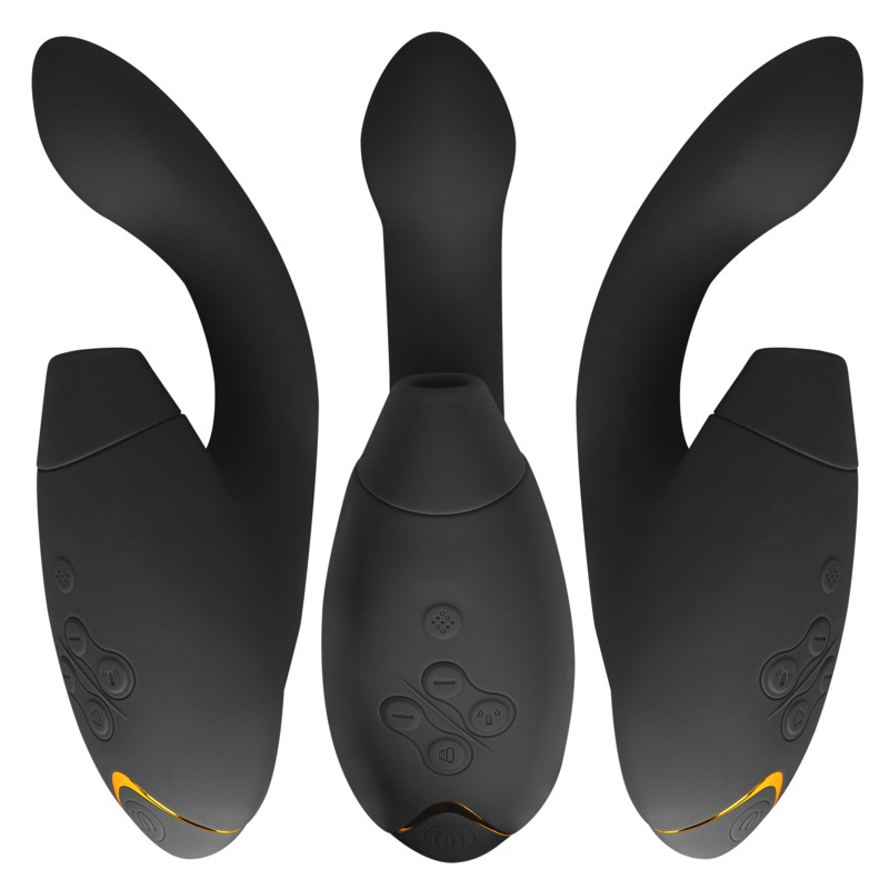 Close-up do Womanizer Duo 2 Estimulador Duplo Preto, mostrando sua forma ergonômica e cabeças de estimulação.