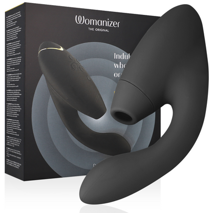 Close-up do Womanizer Duo 2 Estimulador Duplo Preto, mostrando sua forma ergonômica e cabeças de estimulação.