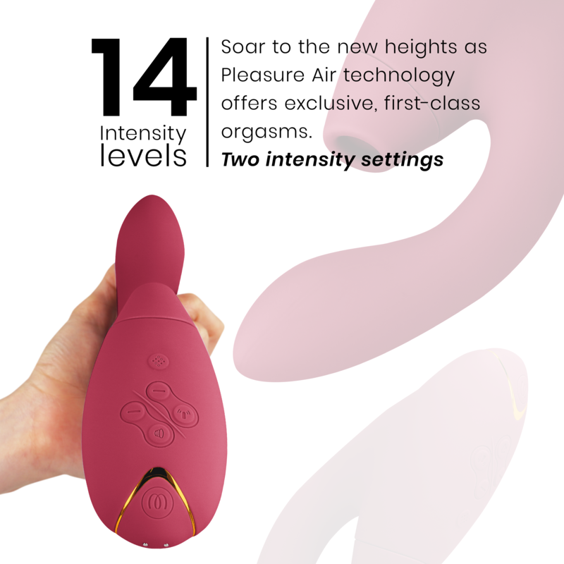 Close-up do Womanizer Duo 2 Estimulador Duplo Bordeaux, mostrando seu design ergonômico e material de silicone.
