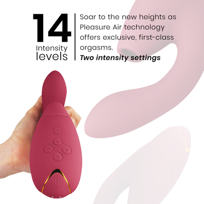 Close-up do Womanizer Duo 2 Estimulador Duplo Bordeaux, mostrando seu design ergonômico e material de silicone.