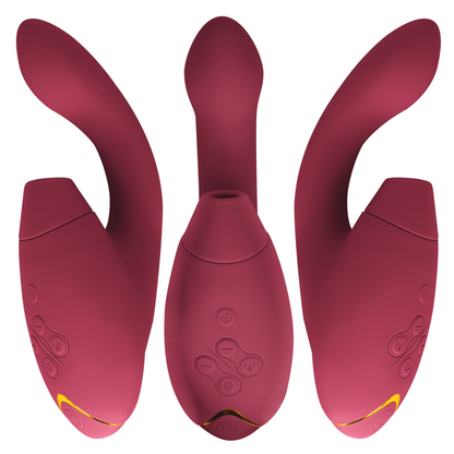 Close-up do Womanizer Duo 2 Estimulador Duplo Bordeaux, mostrando seu design ergonômico e material de silicone.