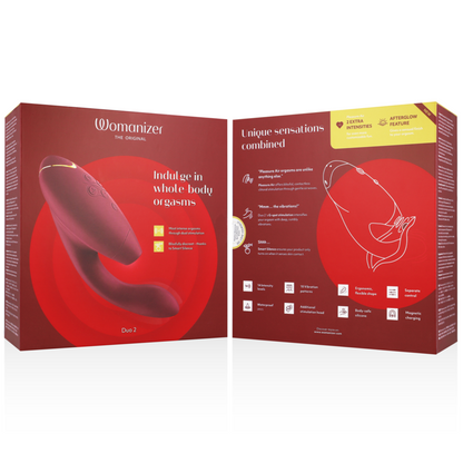 Close-up do Womanizer Duo 2 Estimulador Duplo Bordeaux, mostrando seu design ergonômico e material de silicone.