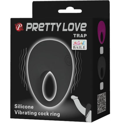 Close-up do Anel Vibrador Pretty Love Trap preto com estimulador clitoriano em silicone.