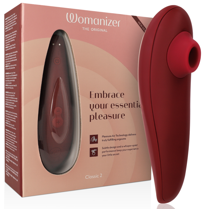 Close-up do Womanizer Classic 2 Estimulador Clitoriano Pleasure Air Bordeaux, destacando seu design ergonômico e acabamento.