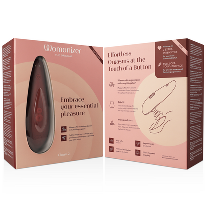 Close-up do Womanizer Classic 2 Estimulador Clitoriano Pleasure Air Bordeaux, destacando seu design ergonômico e acabamento.