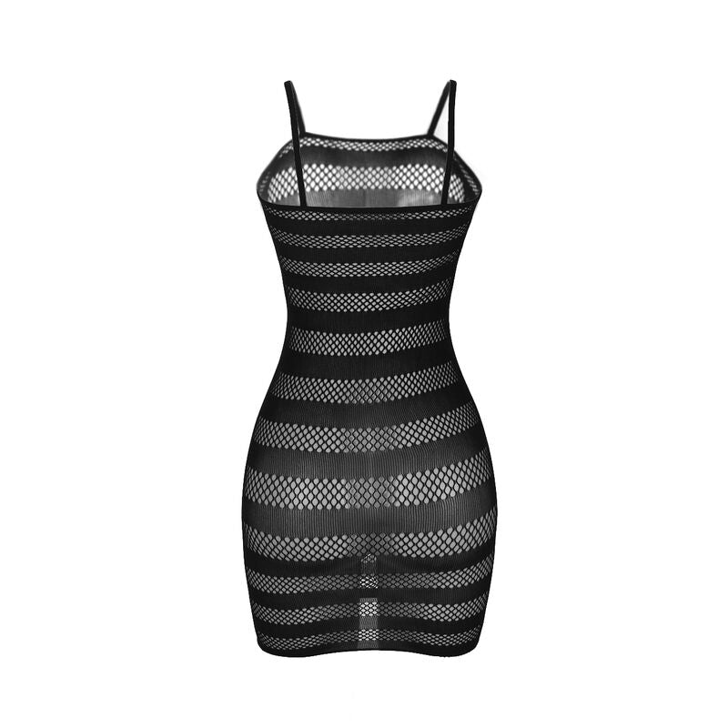 Vestido de rede Subblime com listras pretas, modelo ajustável.