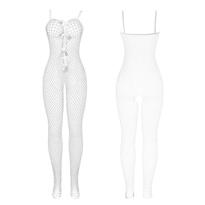 Close-up do Bodystocking Arrastão SUBBLIME branco sem fundo com detalhes de laços.
