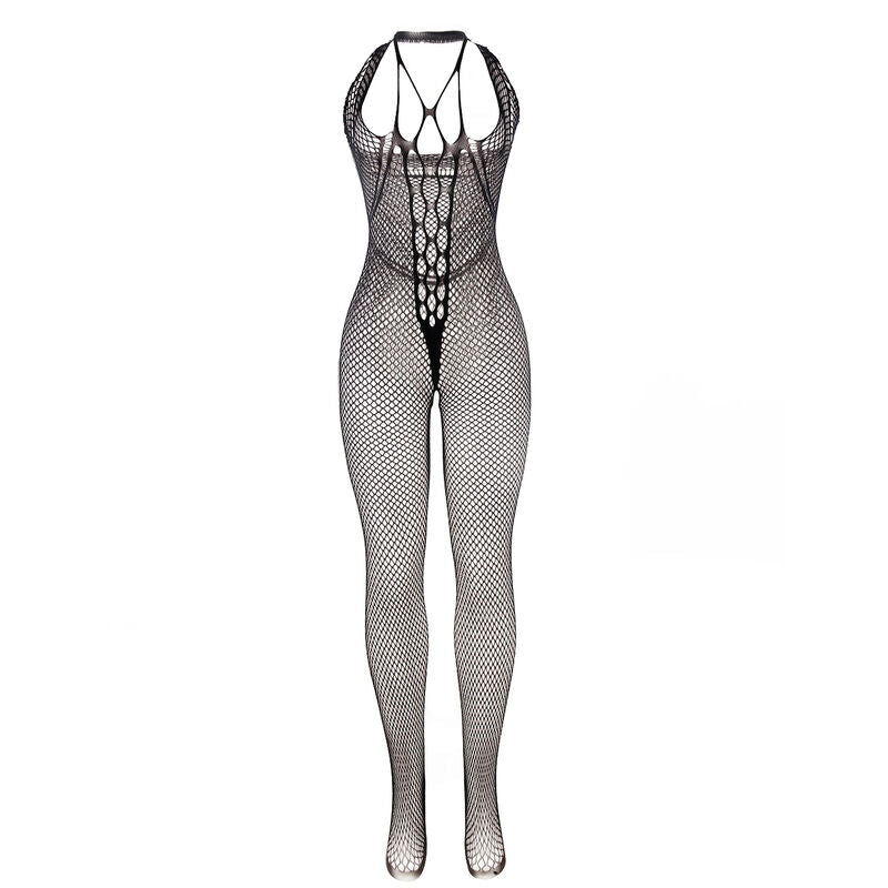 Bodystocking longo SUBBLIME de rede preta com tiras no peito e costas, detalhe da textura e design sensual.
