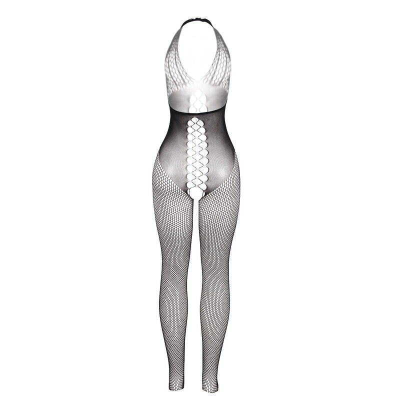 Bodystocking Subblime preto com costas abertas e detalhes cruzados, mostrando o design sensual.