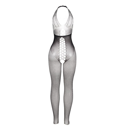 Bodystocking Subblime preto com costas abertas e detalhes cruzados, mostrando o design sensual.