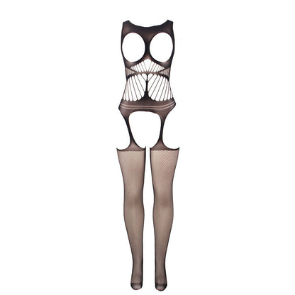 Bodystocking Subblime de rede arrastão preta, sem virilha, com design ousado e detalhes de copa e ombros abertos.