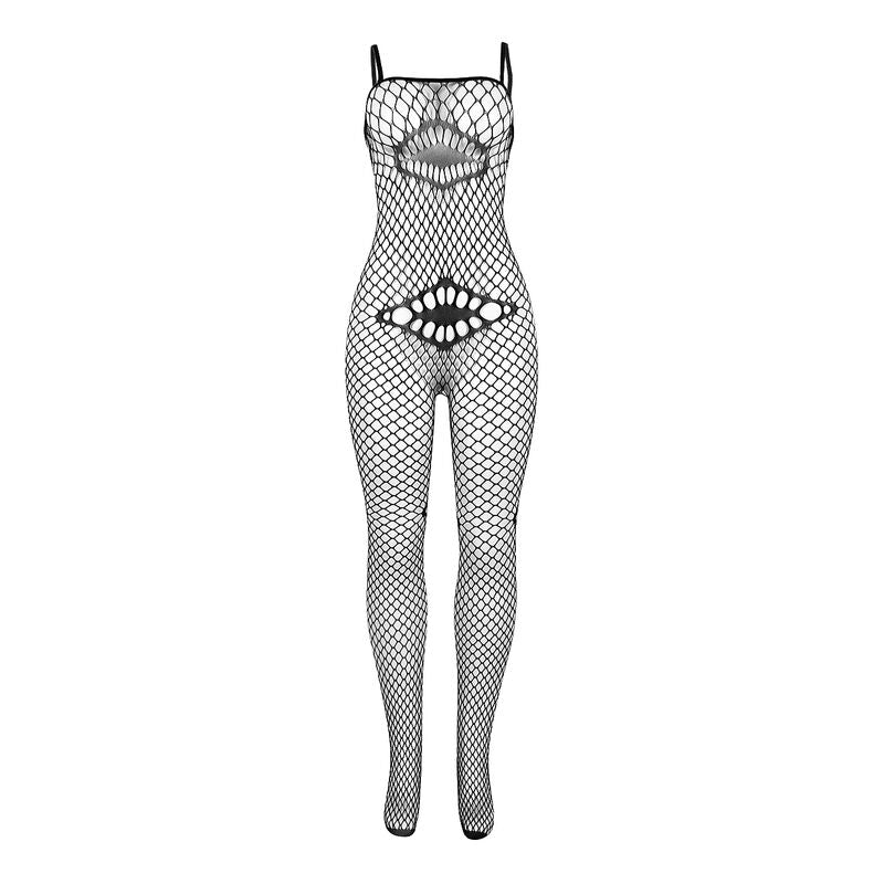 Bodystocking de rede preto SUBBLIME com detalhes sensuais no peito e barriga.