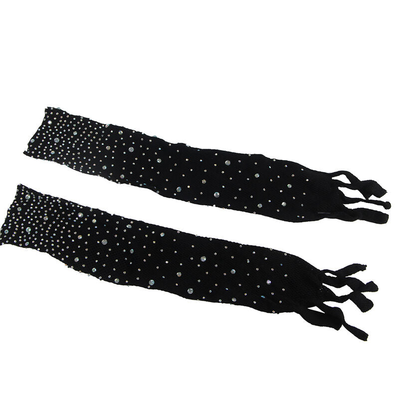 Imagem do Bodystocking de Rede Subblime com Luvas e Diamantes Preto, mostrando detalhes da trama e brilho.