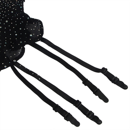 Imagem do Bodystocking de Rede Subblime com Luvas e Diamantes Preto, mostrando detalhes da trama e brilho.