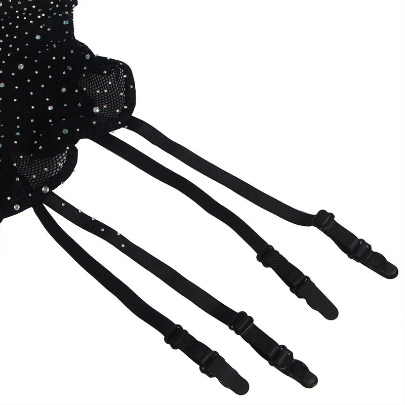 Imagem do Bodystocking de Rede Subblime com Luvas e Diamantes Preto, mostrando detalhes da trama e brilho.