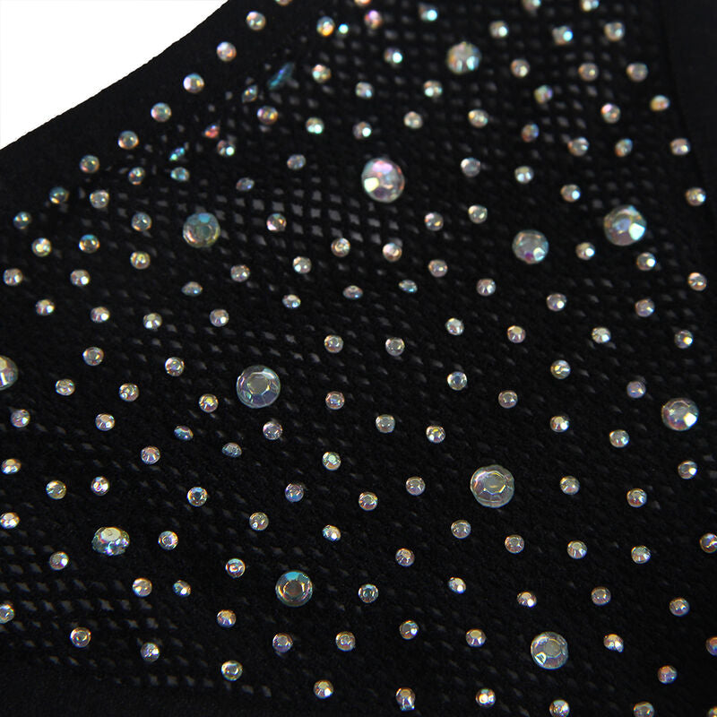 Imagem do Bodystocking de Rede Subblime com Luvas e Diamantes Preto, mostrando detalhes da trama e brilho.