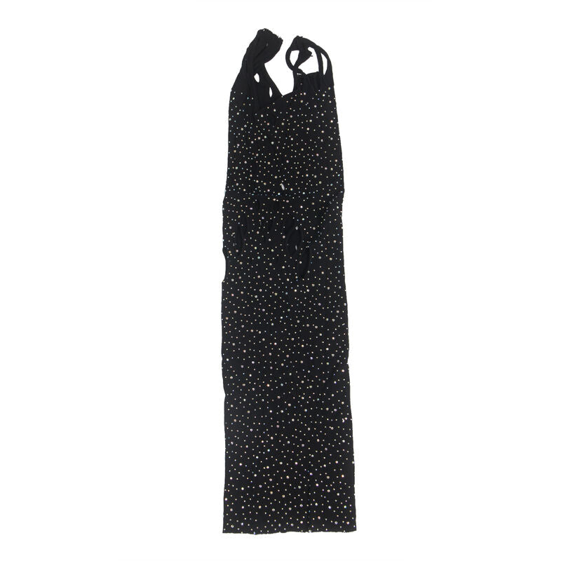 Detalhe do Vestido de Rede SUBBLIME Preto com Brilhos e Strass, mostrando a textura da malha e os adornos.