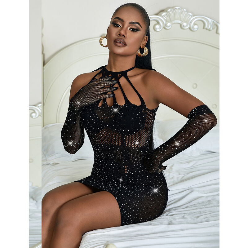 Vestido de rede Subblime preto com strass, detalhes em malha e corte sensual.