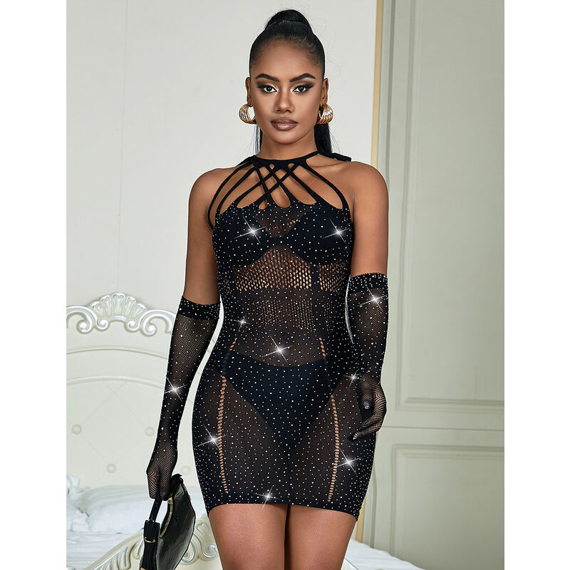 Vestido de rede Subblime preto com strass, detalhes em malha e corte sensual.