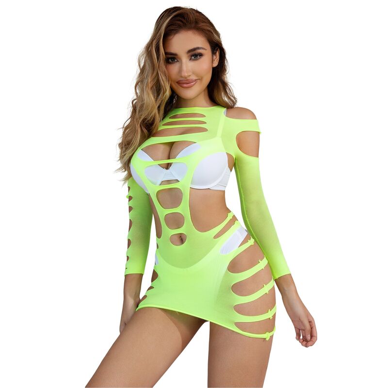 Vestido Verde Manga Longa com Rede Elástica SUBBLIME, detalhe do tecido e design.
