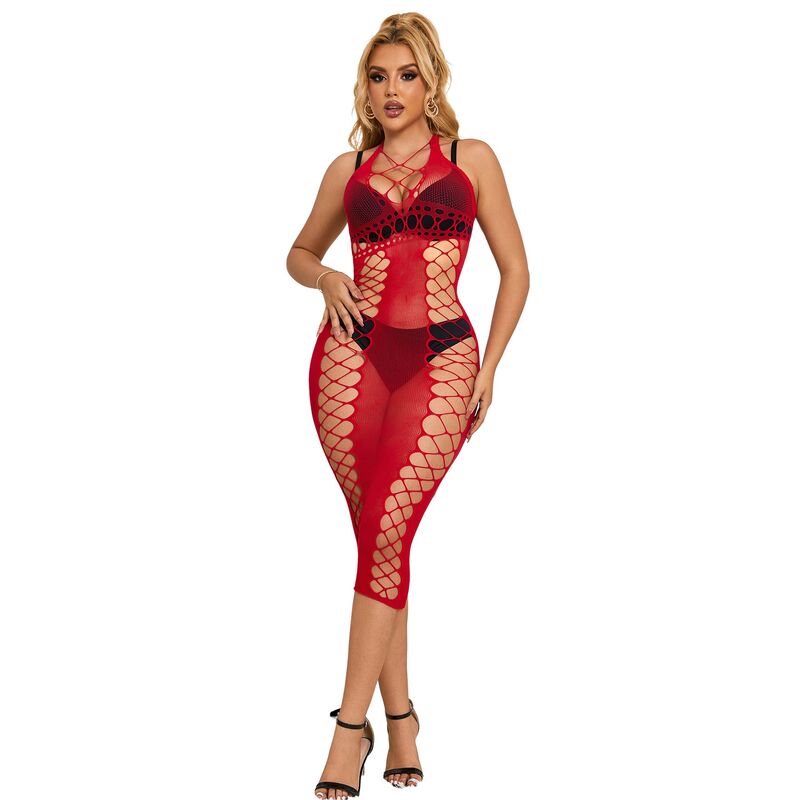 Vestido longo rede arrastão vermelho SUBBLIME, lingerie sensual e elegante.