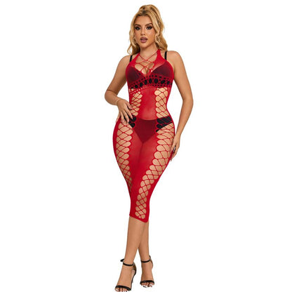 Vestido longo rede arrastão vermelho SUBBLIME, lingerie sensual e elegante.