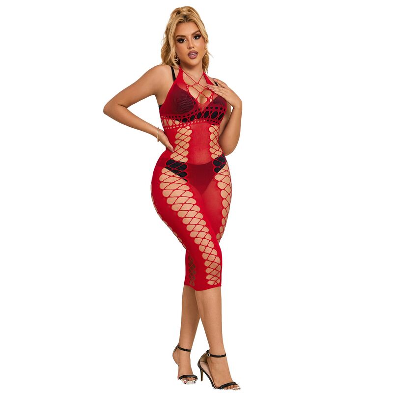 Vestido longo rede arrastão vermelho SUBBLIME, lingerie sensual e elegante.