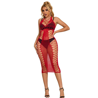 Vestido longo rede arrastão vermelho SUBBLIME, lingerie sensual e elegante.