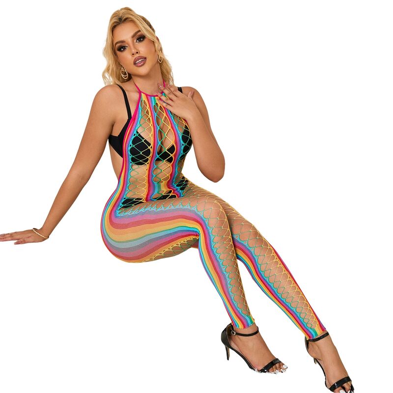 Bodystocking SUBBLIME Decote Halter Malha Arco-Íris XS/M, exibindo o design sensual e material colorido.