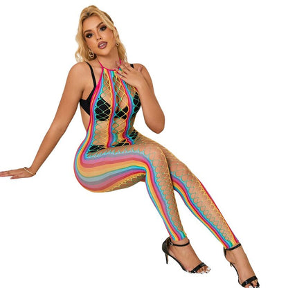 Bodystocking SUBBLIME Decote Halter Malha Arco-Íris XS/M, exibindo o design sensual e material colorido.