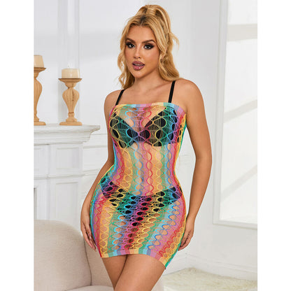 Vestido Subblime ombro a ombro de rede arco-íris, detalhes da malha e cores vibrantes.