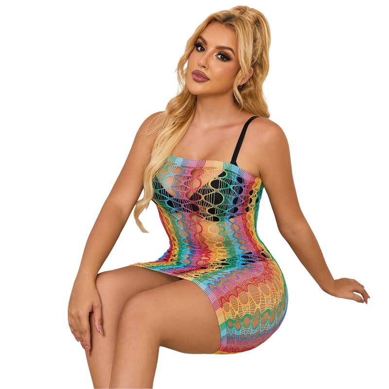 Vestido Subblime ombro a ombro de rede arco-íris, detalhes da malha e cores vibrantes.