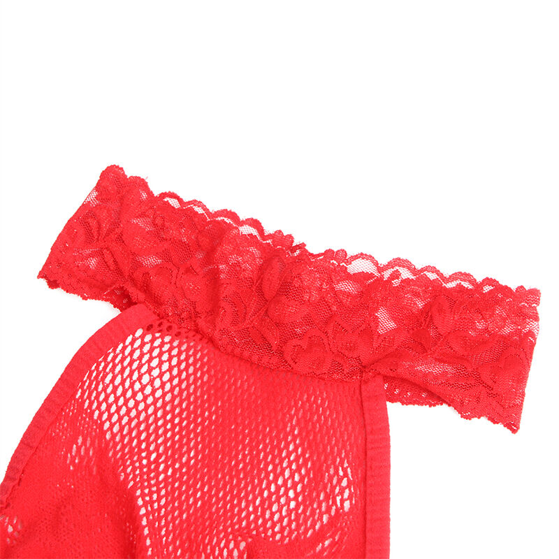 Detalhe do Bodystocking SUBBLIME em renda e rede vermelho com gola alta
