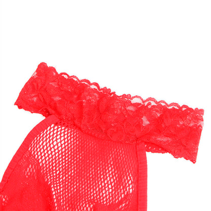 Detalhe do Bodystocking SUBBLIME em renda e rede vermelho com gola alta
