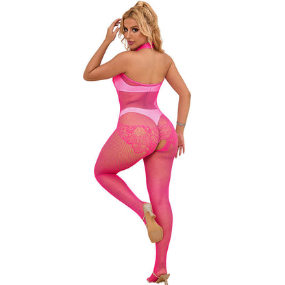 Bodystocking SUBBLIME em rede e renda rosa, com gola alta e design sem fundo.