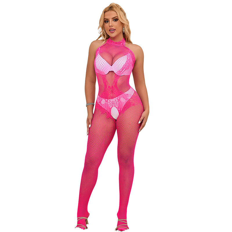Bodystocking SUBBLIME em rede e renda rosa, com gola alta e design sem fundo.