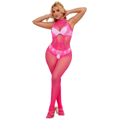 Bodystocking SUBBLIME em rede e renda rosa, com gola alta e design sem fundo.