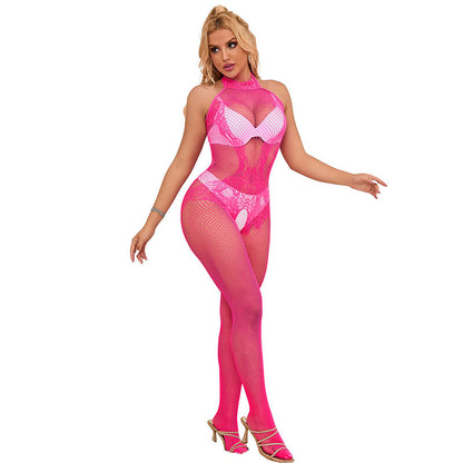 Bodystocking SUBBLIME em rede e renda rosa, com gola alta e design sem fundo.
